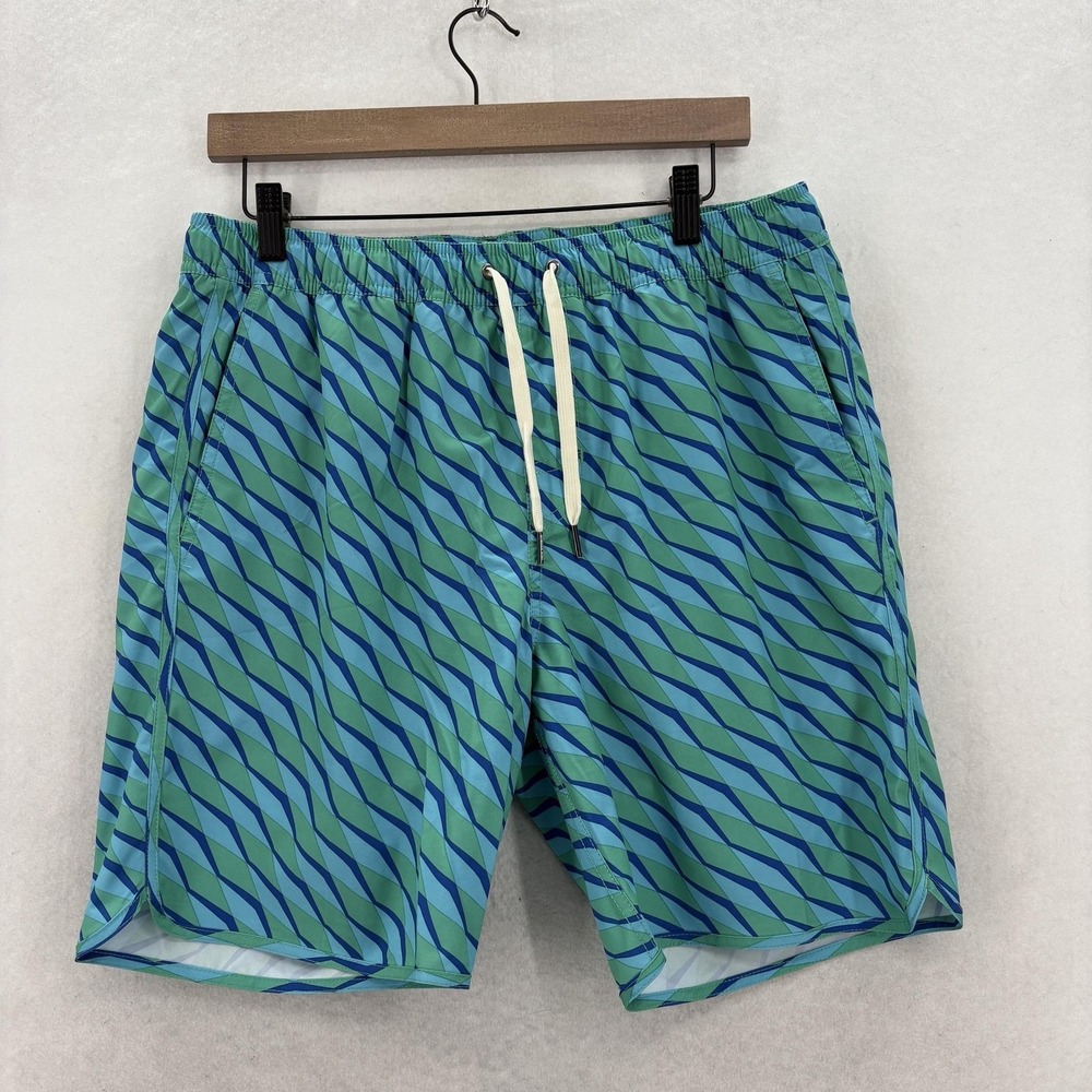 Fair Harbor Anchor Swim Trunks Mens Large Green Blue Geo Print BreezeKnit Lined